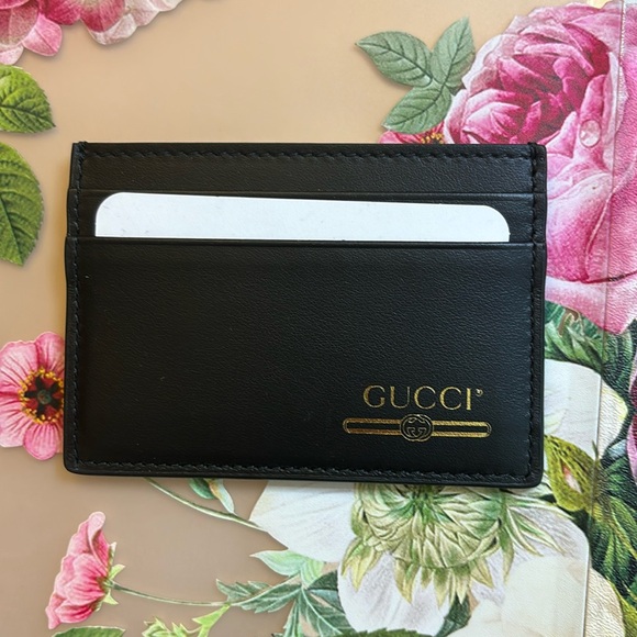 New Authentic Gucci Black Leather Gold Logo Cardholder - Picture 1 of 3